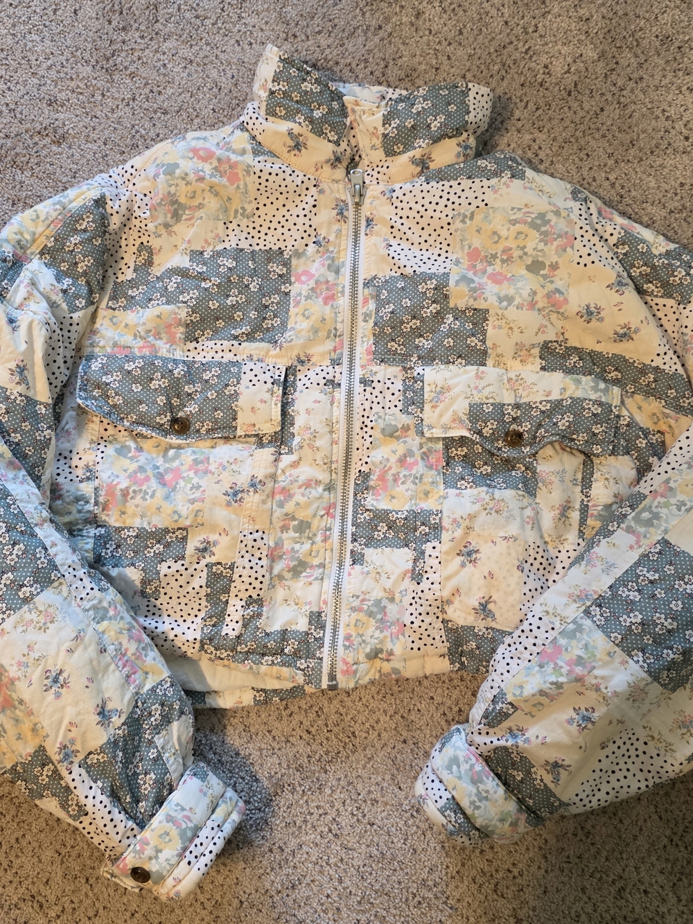 Patchwork Floral Quilted Jacket in Cream and Dusty Blue